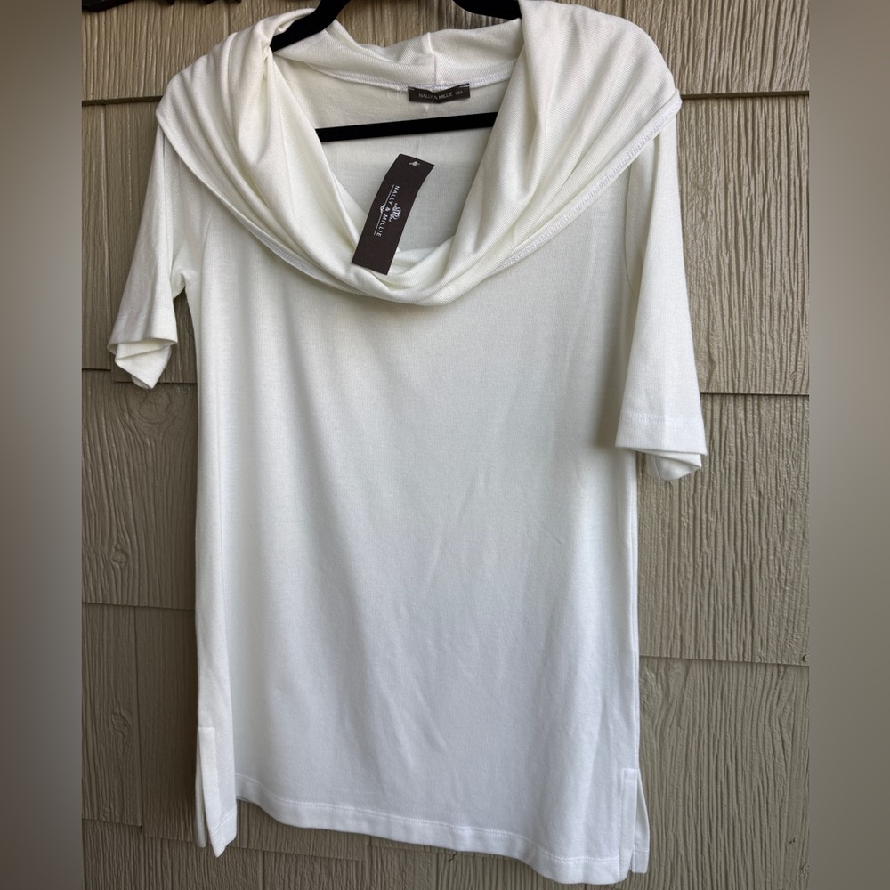 Nally & Millie White Short Sleeve Cowl Neck Off Shoulder Tunic Top Womens L NWT